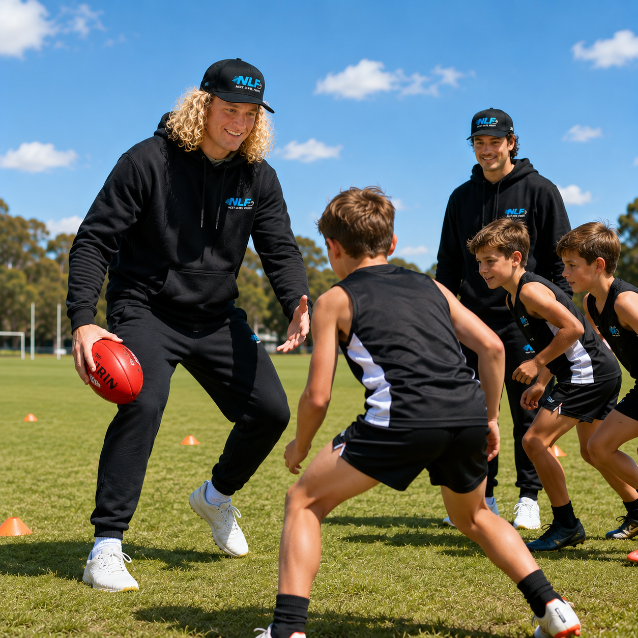 Coach demonstrating ball skills to junior AFL players