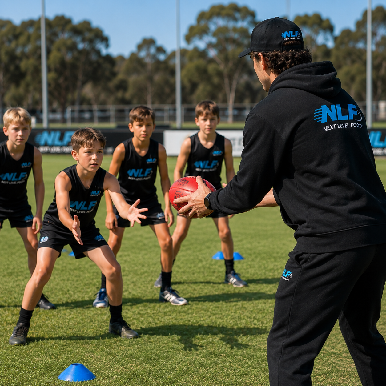 NLF coach passing to young players during a training drill