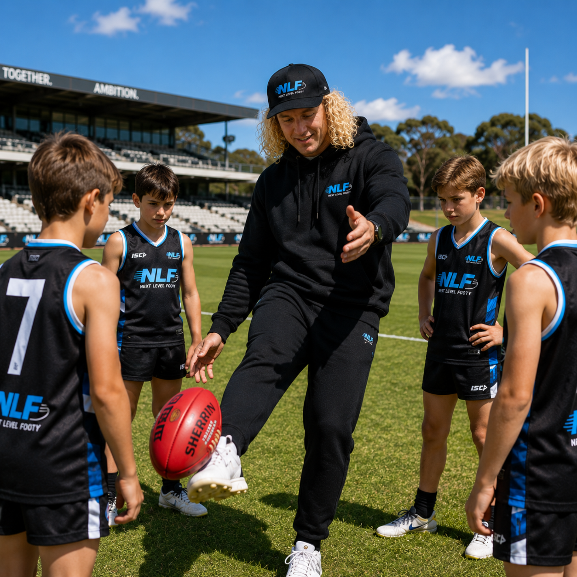Coach demonstrating a kick to a group of junior players