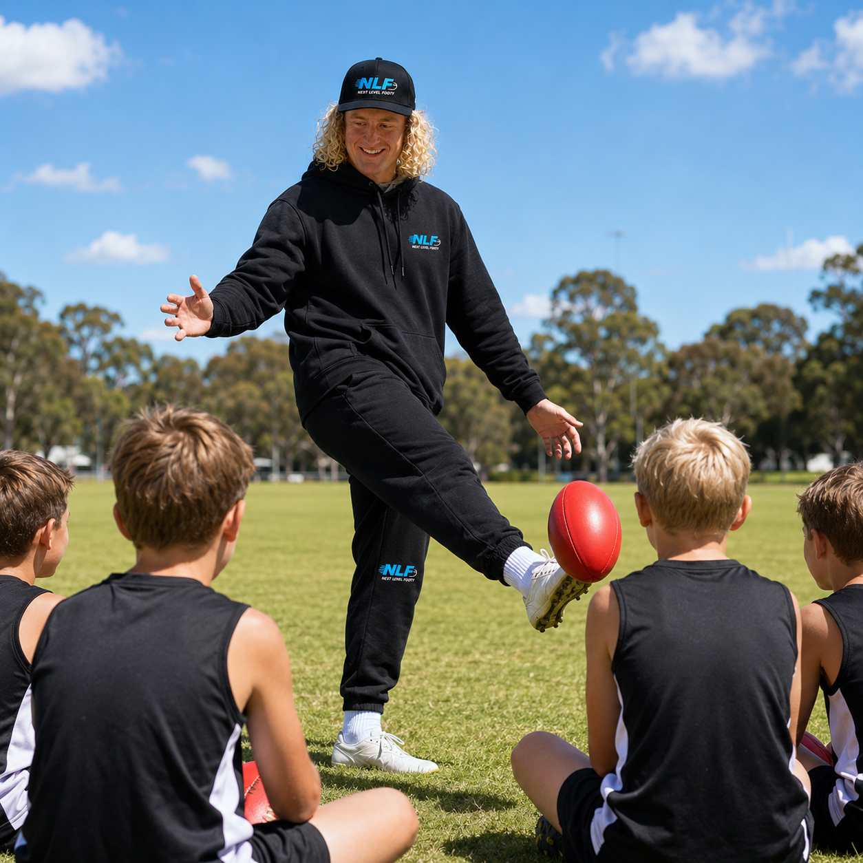 Coach kicking the ball to seated junior players
