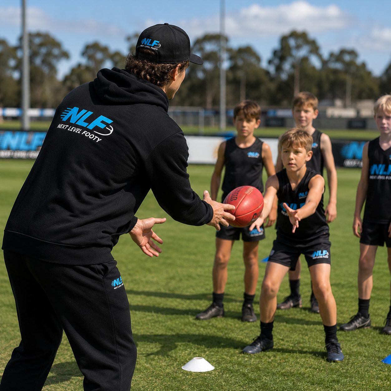 NLF coach handballing to young players during a skills session